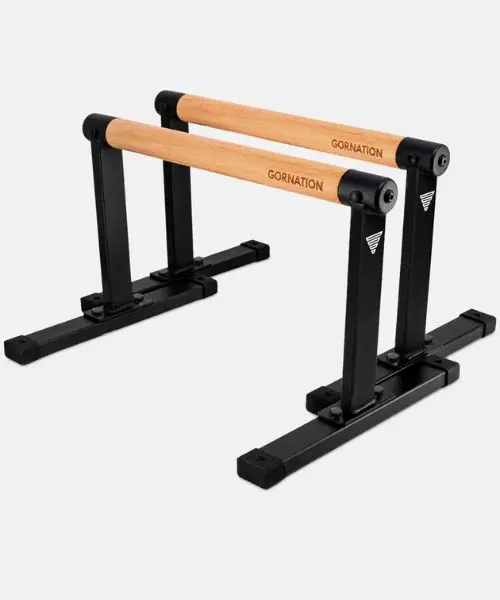 Paire de parallettes hautes avec barres en bois et pieds en acier noir