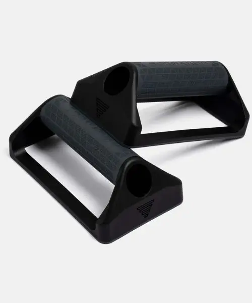 Paire de poignées pour pompes noires avec grip texturé et base triangulaire, posées l'une derrière l'autre